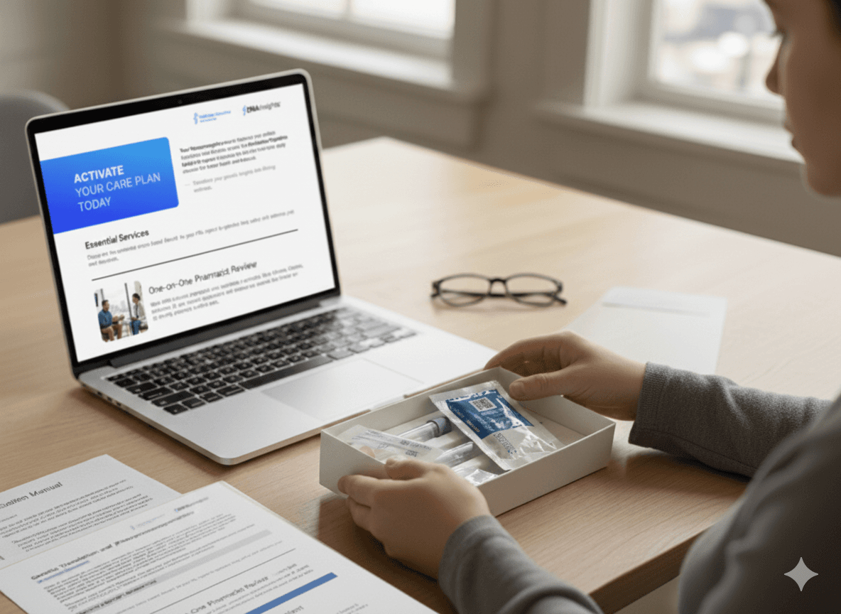 person opening a genetics testing kit in front of a laptop